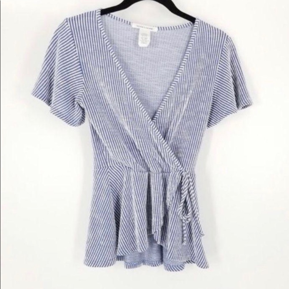 Caution To The Wind Striped Faux Wrap Peplum Top